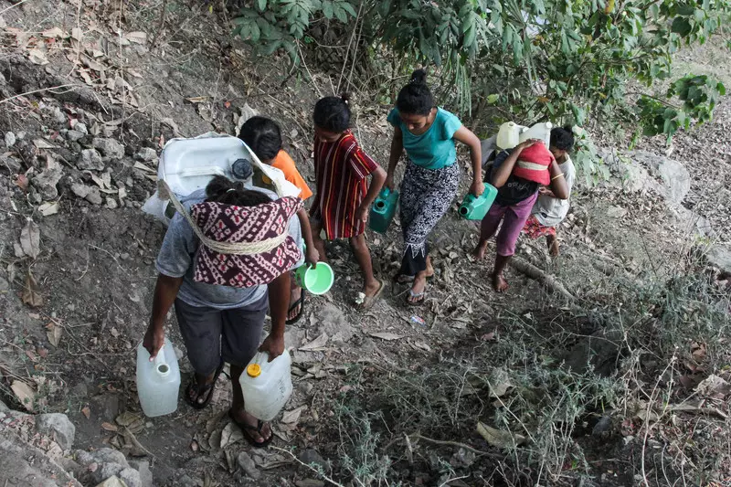 Foto: Kekeringan, Warga Kab. Sikka Bolak-balik Jalan ke Sungai untuk Ambil Air